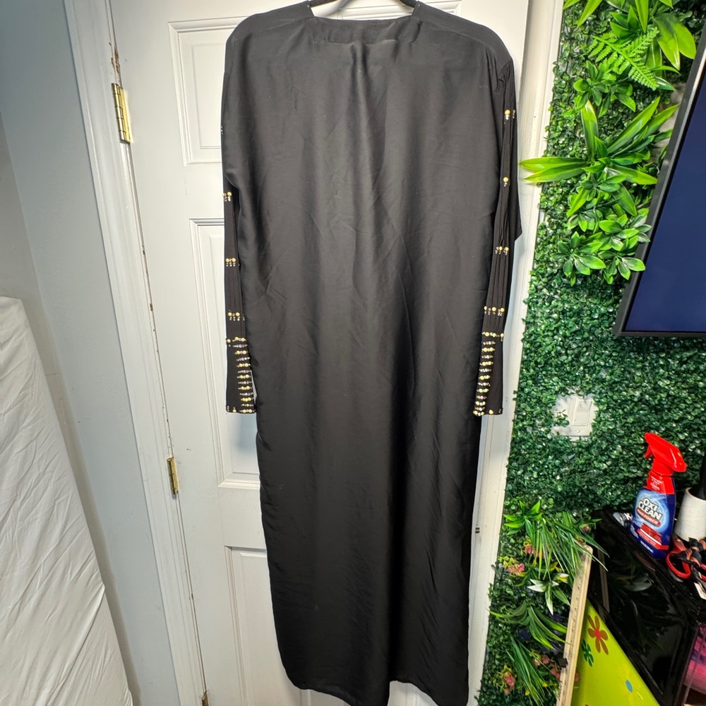 Modest Abaya Muslim Dress Maxi Black Snap Front Rhinestone Beaded Long Sleeve XL
